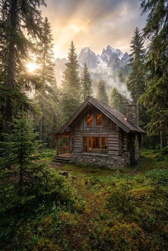 AI Image: Small Wooden Mountain Hut in the Forest