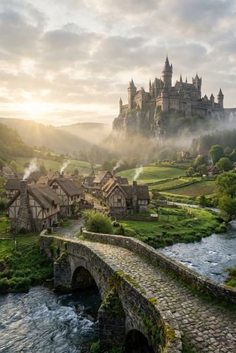 AI Image: Medieval Village with a Gigantic Castle